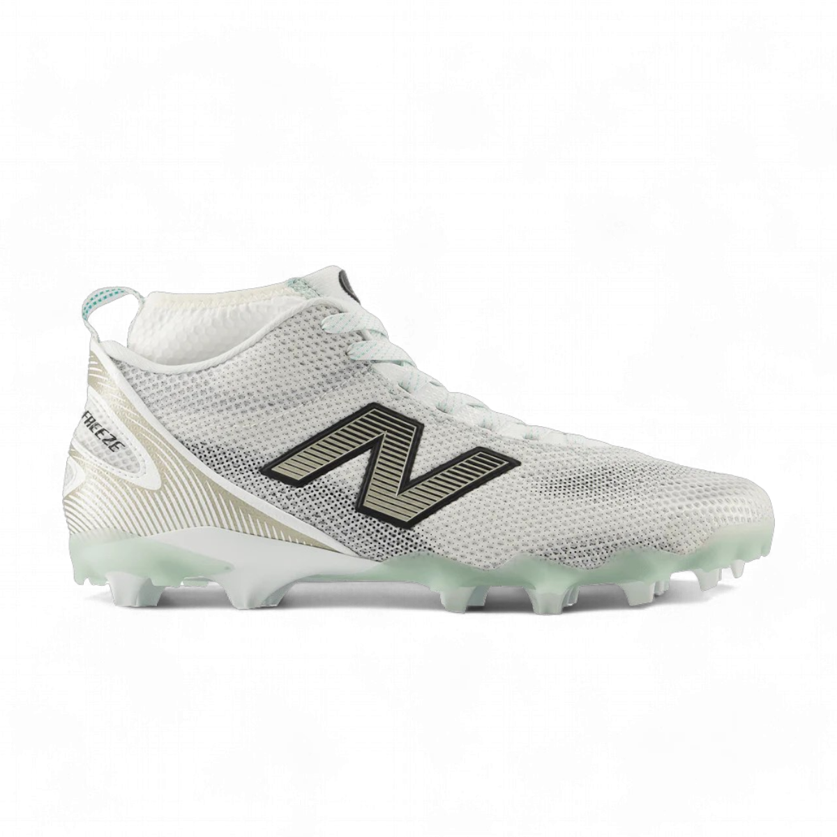 The New Balance FreezeLX 5 Lacrosse Cleats, crafted by the renowned brand New Balance, boast a white and gray design with a striking black and gold "N" logo. They feature a textured mesh upper and translucent studs for enhanced stability. The cleats include a high ankle collar that complements the modern design against a black background, highlighting their innovative traction plate.