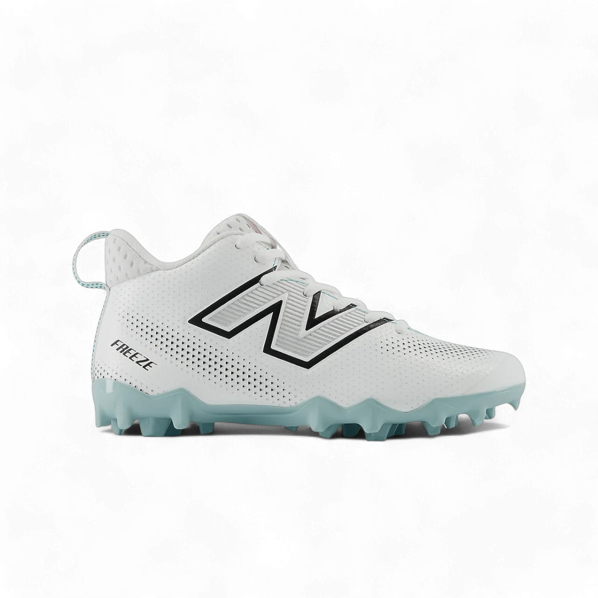 The New Balance FreezeLX 5 Jr. Cleats feature a white design with a black "N" logo on the side and a light blue sole with studs. They have a lace-up front and "FREEZE" is printed on the heel, all set against a black background.