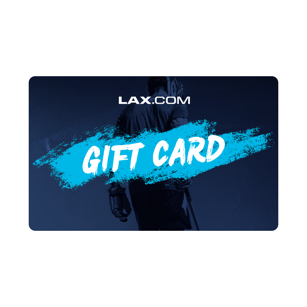 The Lax.com Gift Card from Lax.com features a lacrosse player in the background, with "GIFT CARD" prominently displayed in bold, blue brushstroke font over a dark blue backdrop. It's redeemable with a unique gift card code and is perfect for any lacrosse enthusiast!