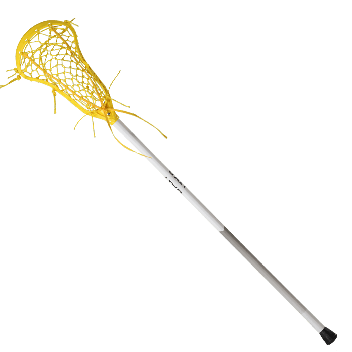 The Gait Air 2 D Women's Lacrosse Stick from Gait, featuring a quick-release scoop and ball dislodgement technology, showcases a yellow net and silver shaft, elegantly displayed against a plain white background.