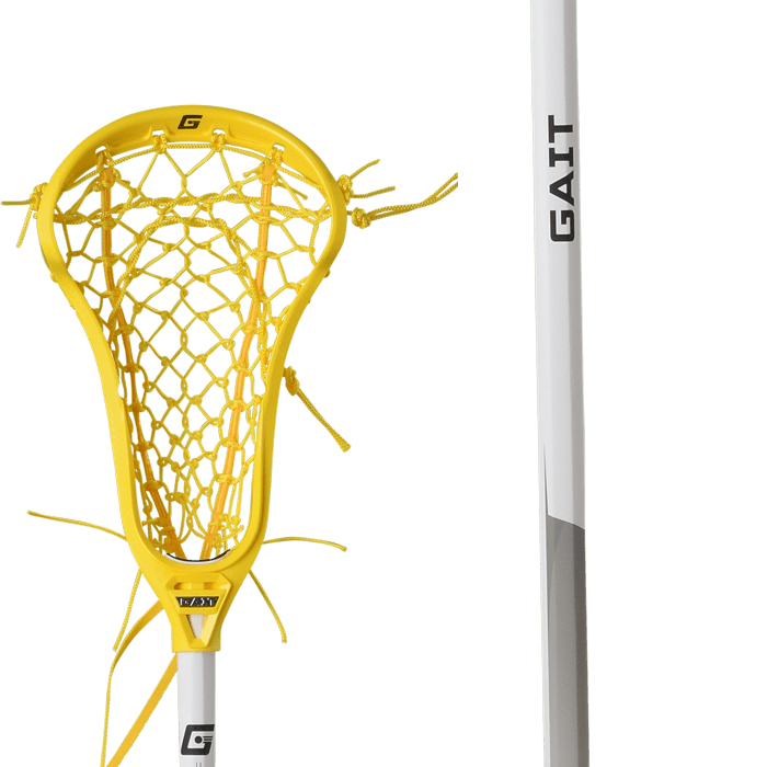 The Gait Air 2 D Women's Lacrosse Stick features a yellow head with a netted pocket designed for quick-release scoops, paired with a white shaft displaying the "GAIT" logo. This advanced lacrosse stick is perfect for easy ball dislodgement technology and is showcased against a plain background.