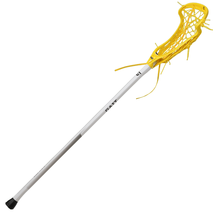 The Gait Air 2 D Women's Lacrosse Stick by Gait showcases its Ball Dislodgement Technology, presented with a white shaft and yellow mesh head against a simple backdrop.