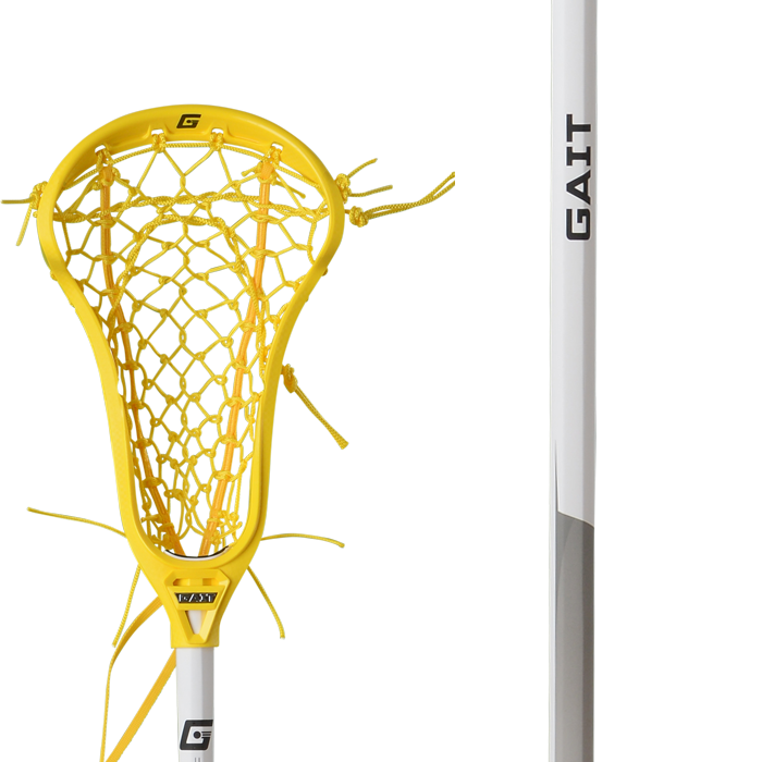 A close-up of the Gait Air 2 D Women's Lacrosse Stick showcases its yellow netting head and white shaft branded with "GAIT." It features Quick-Release Scoop technology, with the netting secured by yellow strings. The stick is set against a plain white background.