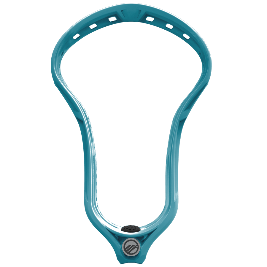 The Maverik Optik Force Lacrosse Head in teal, featuring the Maverik logo at the base, includes numerous stringing holes around its perimeter. It is tailored for offensive players aiming for precise shooting to boost their on-field performance.