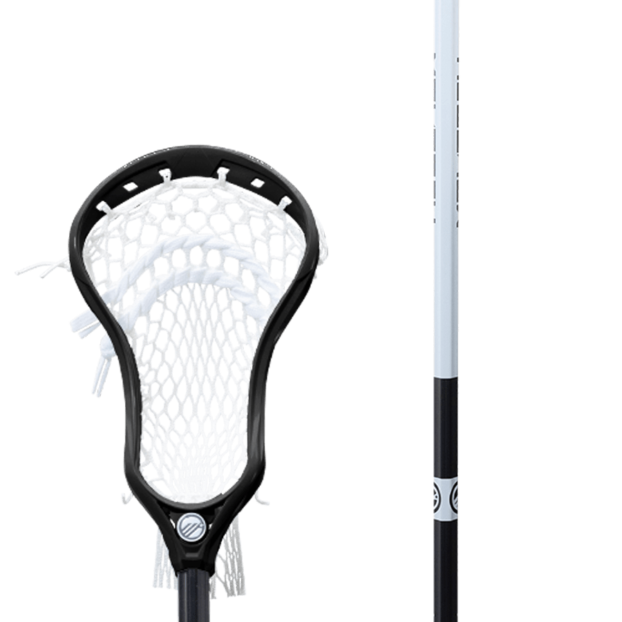 Close-up of the Maverik Tactik 2 Alloy Complete Stick, showcasing its black head and white netting. The shaft, made from the 7000 Series Alloy, is in black and white with prominent Maverik branding. A plain background accentuates the stick's intricate details.