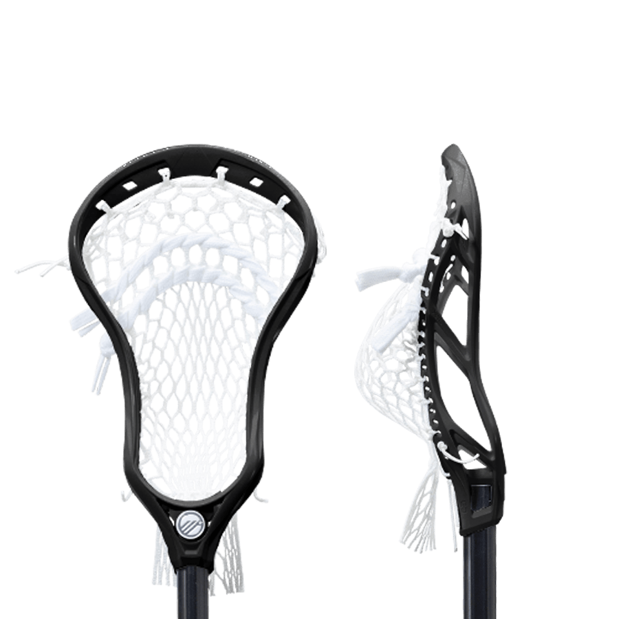 The image showcases two Maverik Tactik 2 Alloy Complete Sticks by Maverik in black with white netting. One stick is displayed from the front and the other from the side, emphasizing the detailed mesh pattern on its 7000 Series Alloy Shaft, set against a plain white background.