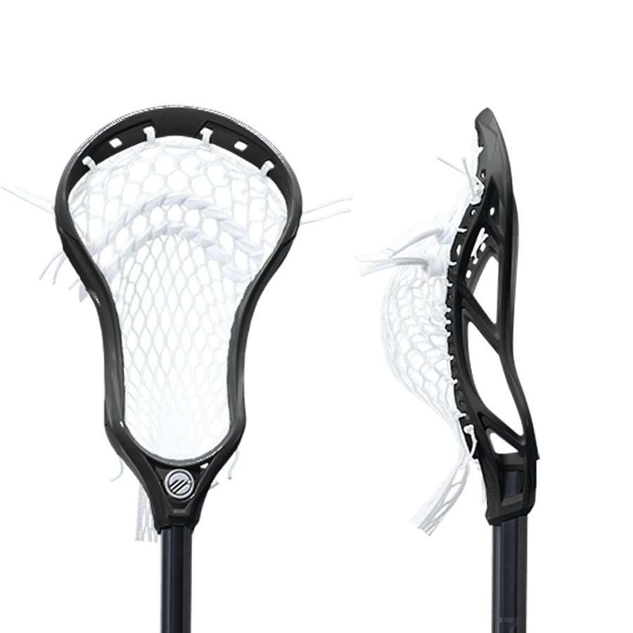 Displayed in the image are two lacrosse heads: the Maverik Tactik 2 Carbon Complete Stick is shown from the front, emphasizing its netting, while another head is displayed from the side to highlight its frame's versatility. Both heads feature black frames and white nets, with strings elegantly extending from the mesh.