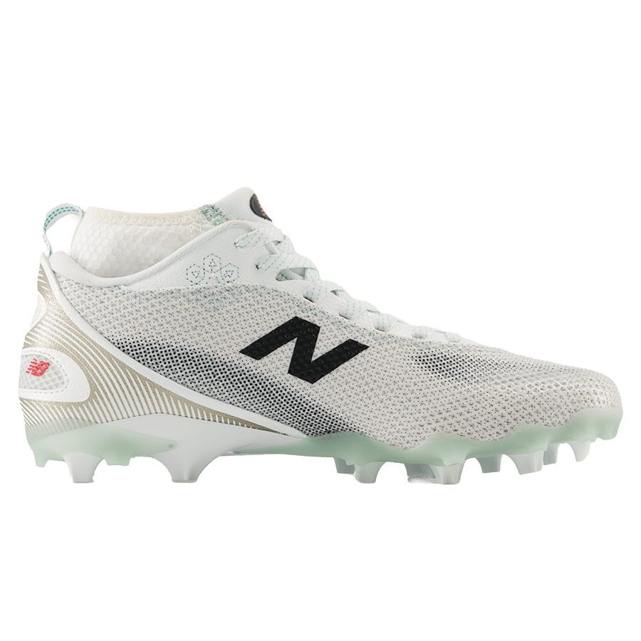 The New Balance Freeze LX 5 Mid Cleats in white are athletic cleats featuring a sleek and modern design. They have a gray and white upper with a black logo on the side, making them an excellent choice for lacrosse. The textured upper, lace-up closure, and translucent sole with a traction plate provide enhanced agility support, making these cleats ideal for sports turf.