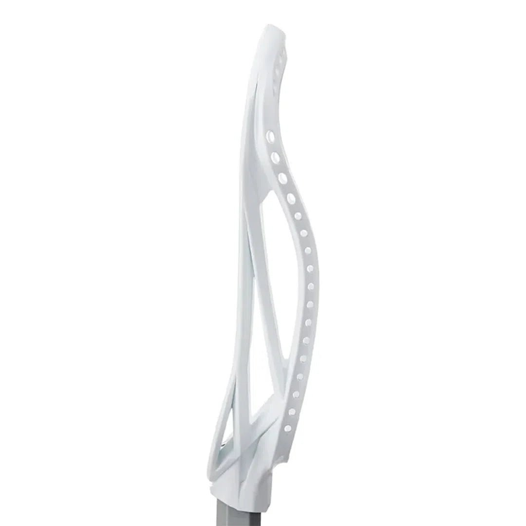 Side view of the white Nike CEO 2 Lacrosse Head by Nike, highlighting its curved frame and redesigned scoop with multiple stringing holes against a plain background that emphasizes its sleek design.