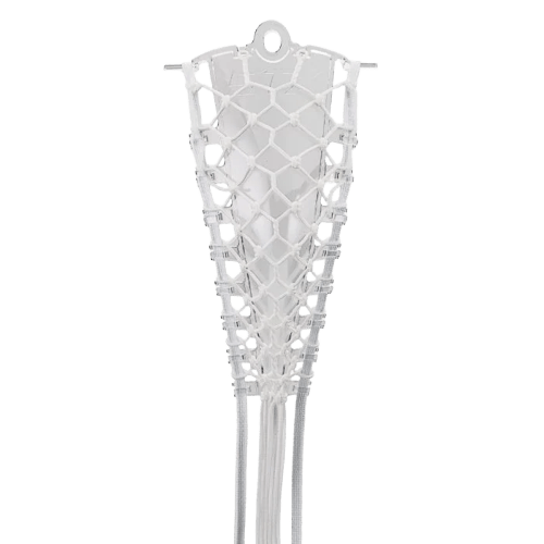 The STX Lock Pocket Insert is a lacrosse stick head featuring a white design with hexagonal mesh netting and an instant break-in feature. Its pocket channels are vertically aligned for optimal precision, and strings hang neatly from the bottom for easy pocket maintenance.