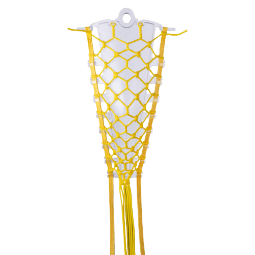 The STX Lock Pocket Insert is a yellow lacrosse stick head with mesh netting and pocket channels, featuring a white plastic frame with strings hanging below. The net is loosely woven, creating a diamond pattern for instant break-in.