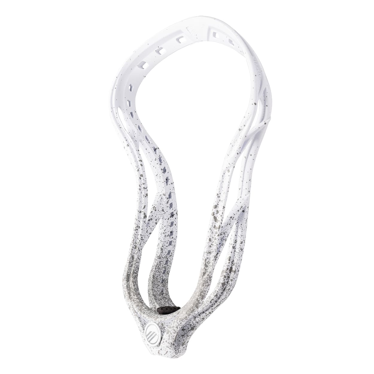 The Maverik Optik Force Lacrosse Head by Lax.com features a modern and streamlined design with a white finish and speckled gray pattern.