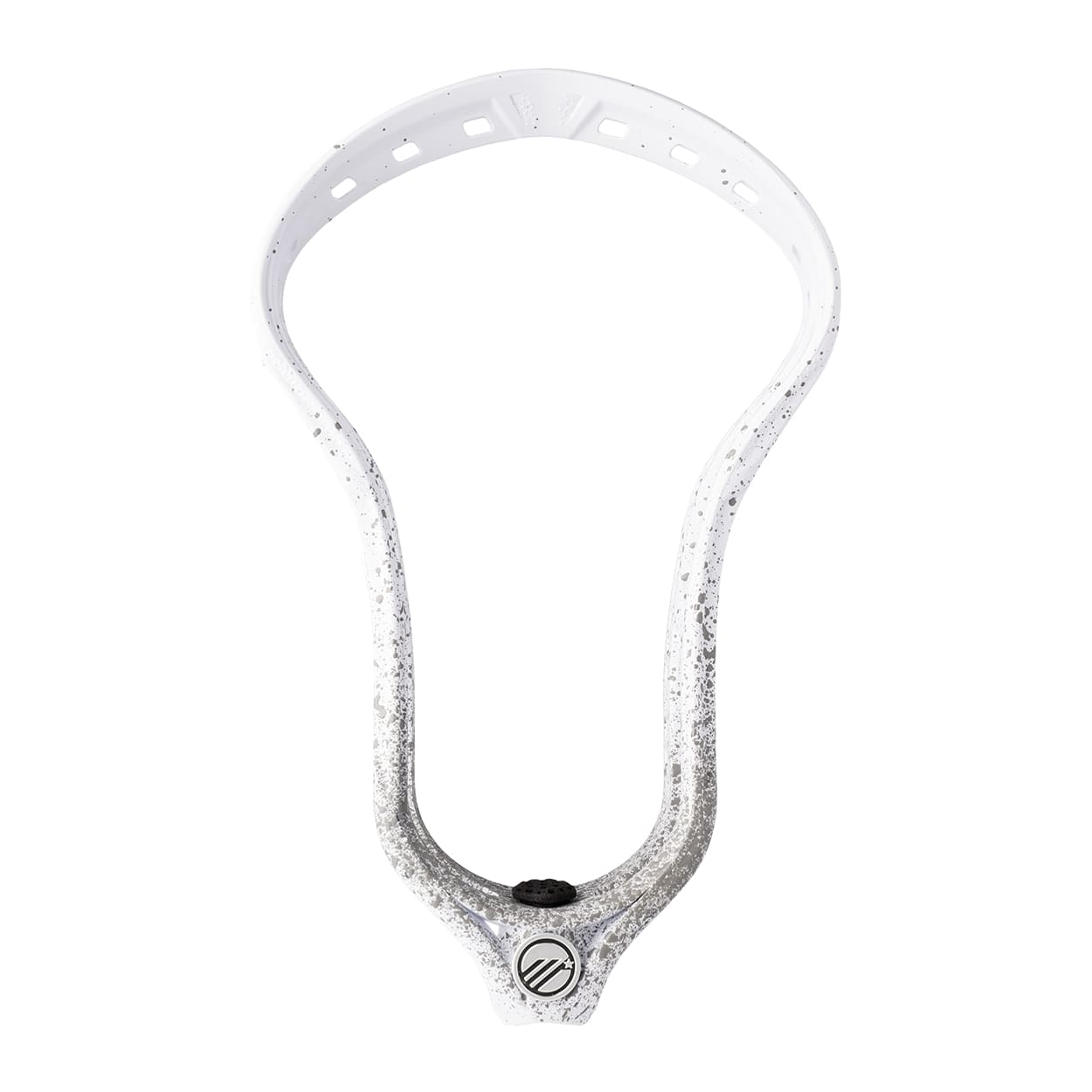 The Maverik Optik Force Lacrosse Head by Lax.com is a white lacrosse head with black speckles and a logo in the center of the throat, designed for attachment to a lacrosse stick shaft.