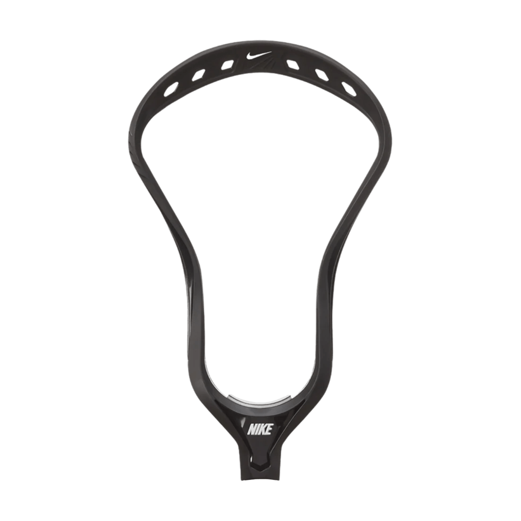 A black Nike Alpha Elite 2 Unstrung Head men's lacrosse head with a sleek design and multiple stringing holes for custom stringing options. The Nike logo is prominently displayed at the base of the head. The background is transparent.