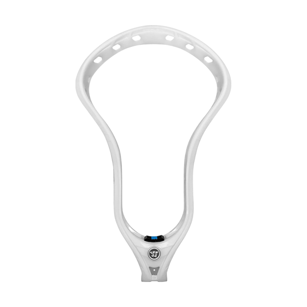 Two views of the Warrior Evo QX2-O unstrung head: the left image shows the front view, featuring an oval shape with multiple stringing holes for enhanced ball control, and the right image shows the side view, highlighting its lightweight, open frame design suitable for quick release when attached to a lacrosse stick.