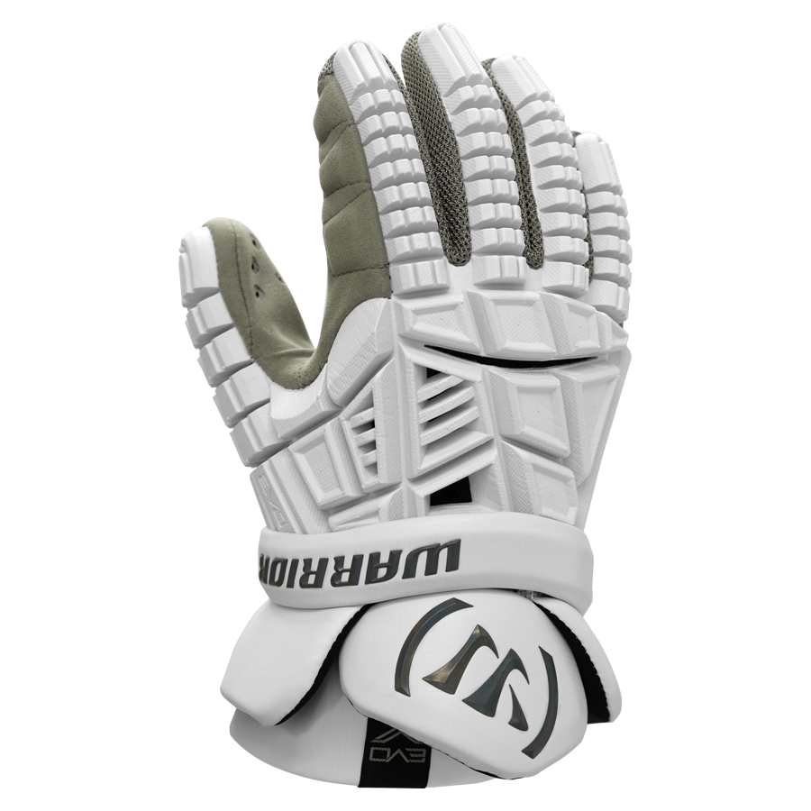 A close-up of a Warrior Evo V Glove, a white sports glove featuring padded sections and ventilation elements. The brand name "Warrior" is prominently displayed across the wrist strap, providing support and protection for athletic activities.