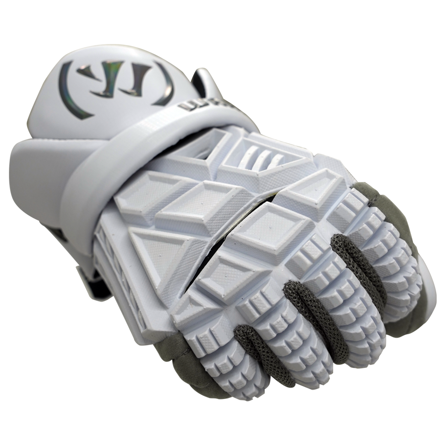 Close-up of the Warrior Evo V Glove, a white and gray lacrosse glove from Warrior, featuring textured protective padding on the back of the hand and fingers. The wrist area displays a black logo and an adjustable strap for a secure fit.