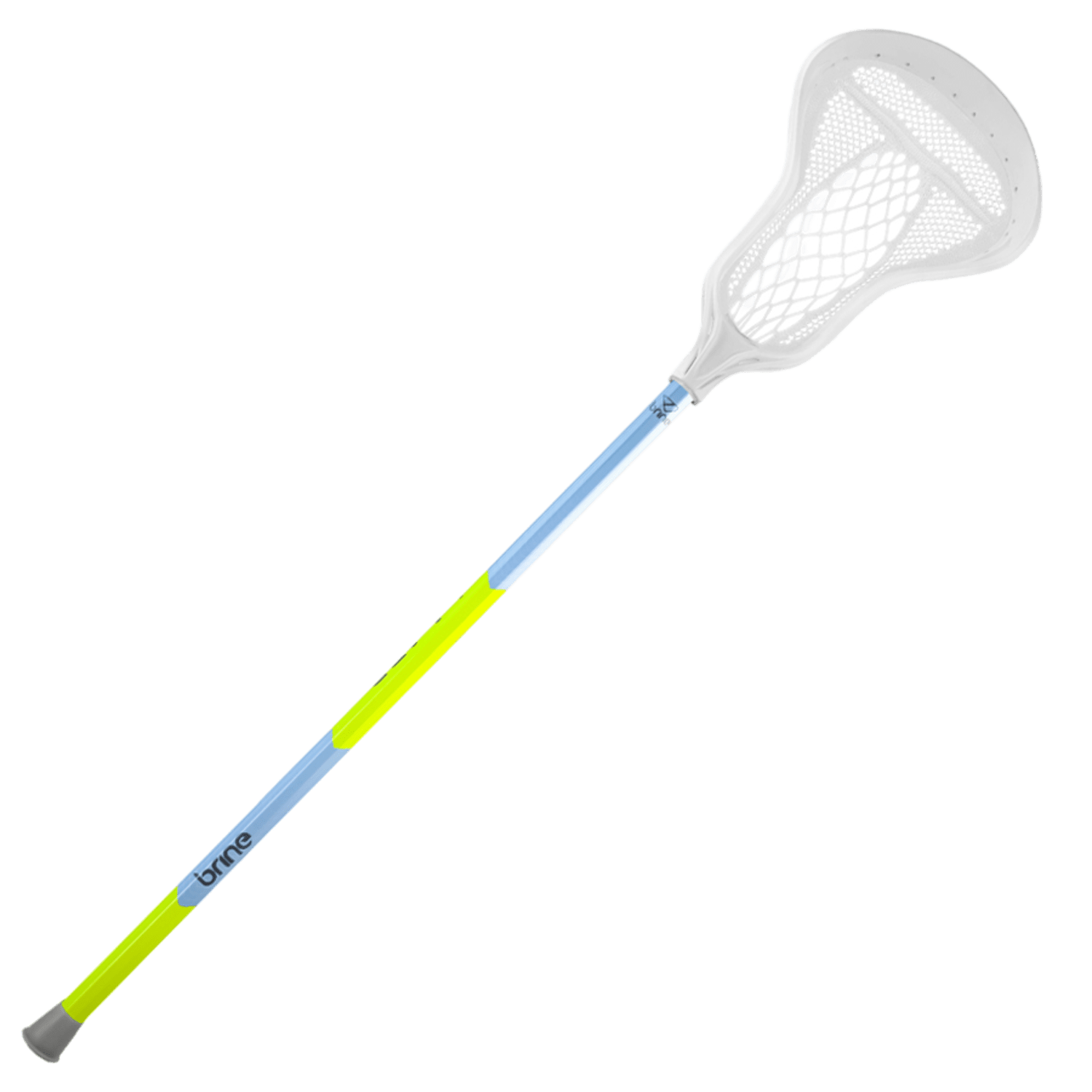 Image of a Brine Dynasty Warp JR Complete Stick with a gradient-colored shaft transitioning from teal to purple. The head of the stick is grey with a white mesh net, showcasing excellent pocket depth. The word "Brine" is printed in black on the shaft near the head. The stick is set against a plain white background.