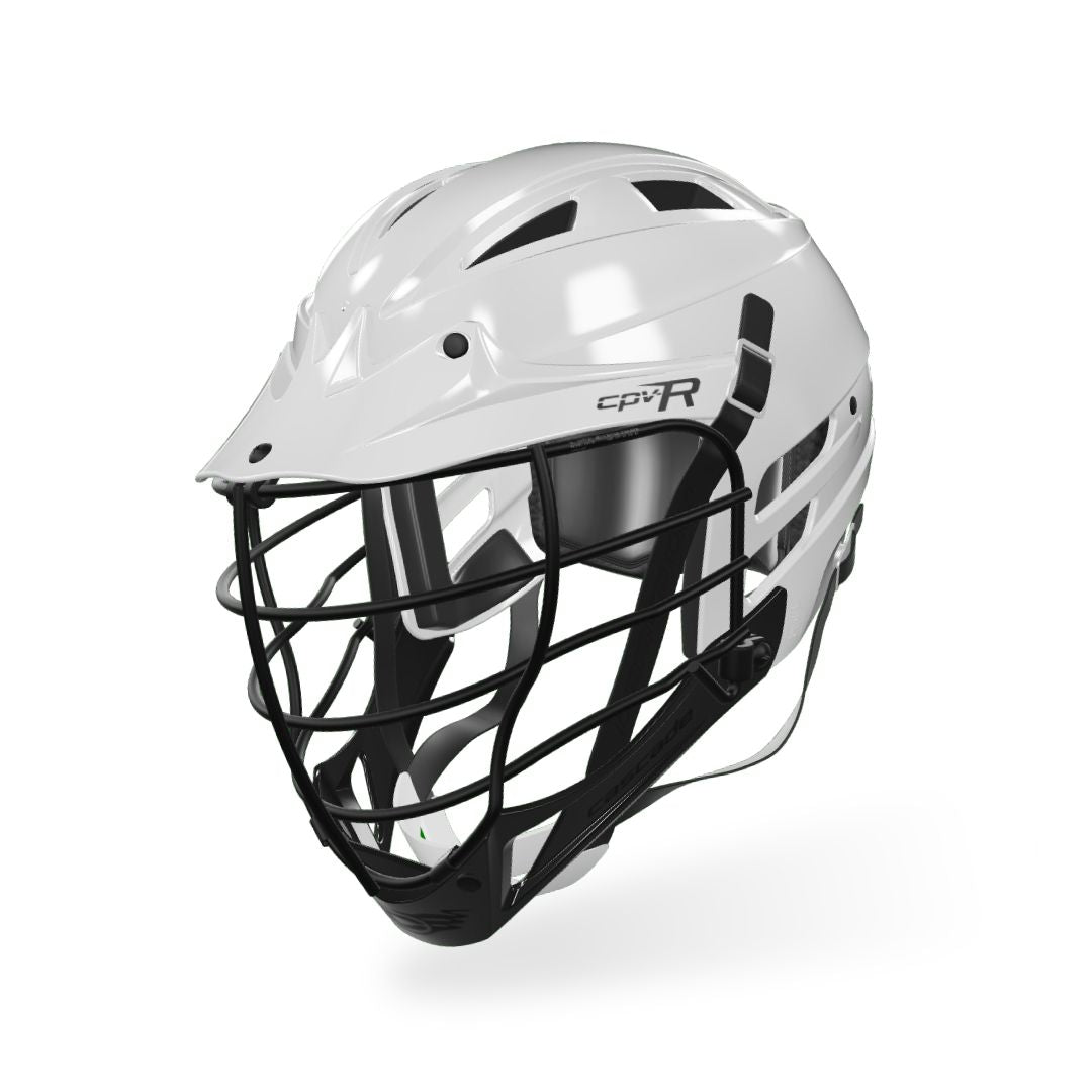 A Cascade Beginner Lacrosse Helmet CPV-R in white, featuring a black face guard and the "CPV-R" logo on the side. This Cascade helmet has multiple air vents for ventilation and includes a chin strap for secure fitting, designed to provide protection for advancing youth players during games.