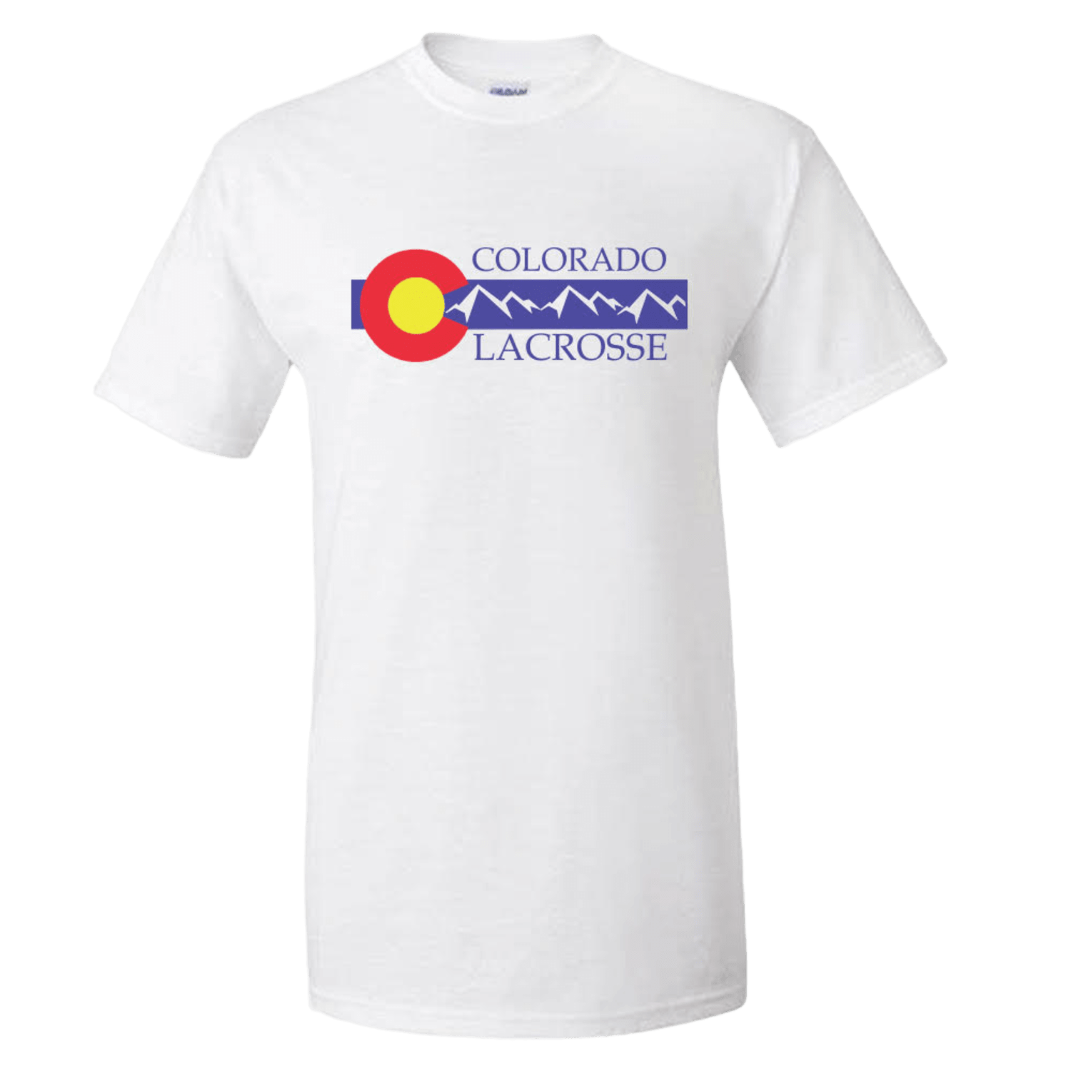 The Lax.com Colorado Youth T-Shirt showcases a design that includes the text "Colorado Lacrosse" alongside a graphic of a mountain range and sun, all in the vibrant colors of the Colorado state flag. It's an ideal choice for any lacrosse enthusiast or supporter of Colorado Youth lacrosse.