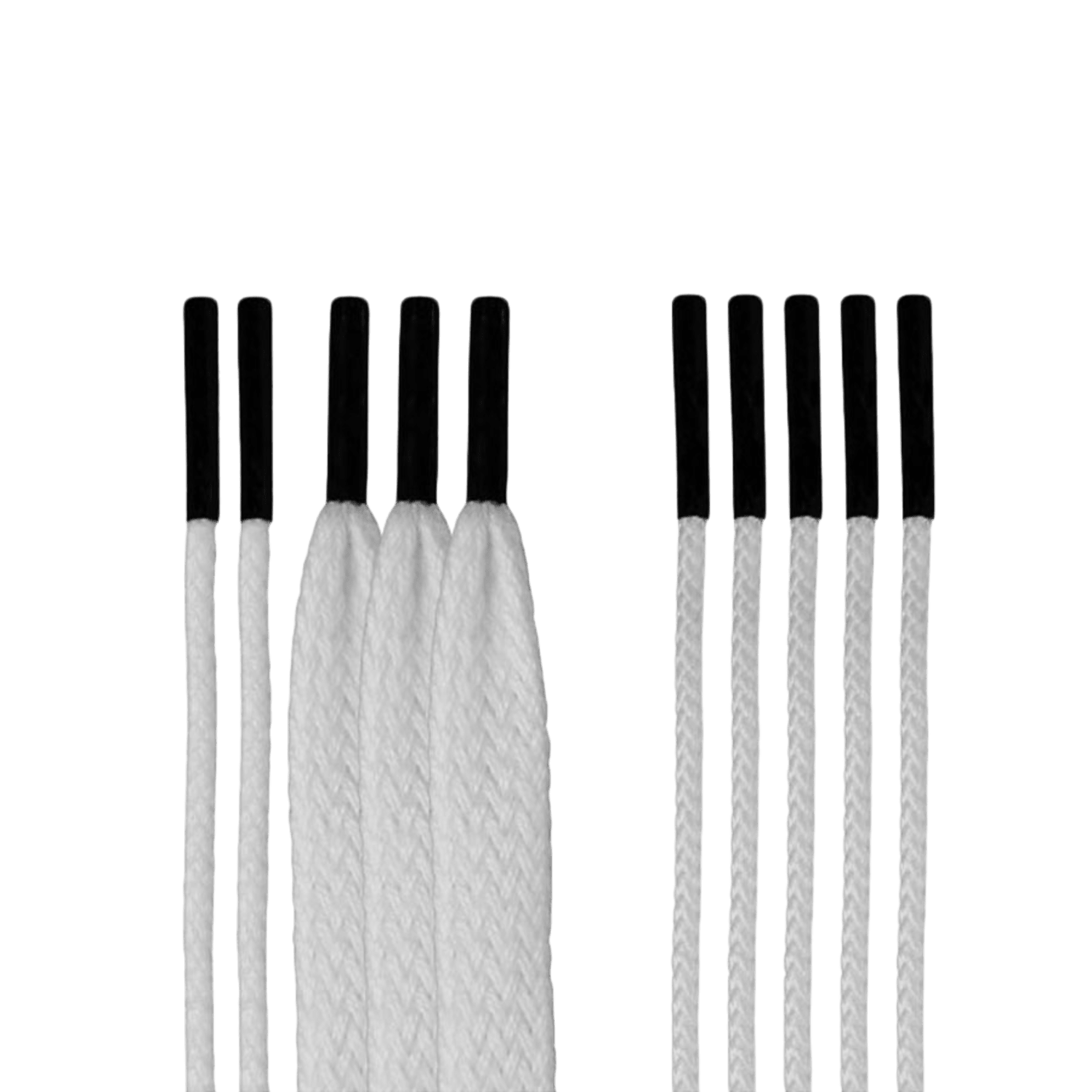 Two rows of ECD Hero Strings from the East Coast Dyes Hero Lacrosse Kit, featuring white shoelaces with black tips against a green background. The left row consists of four thicker, slightly curved strings reminiscent of lacrosse shooting strings, while the right row displays five thinner, straight shoelaces.