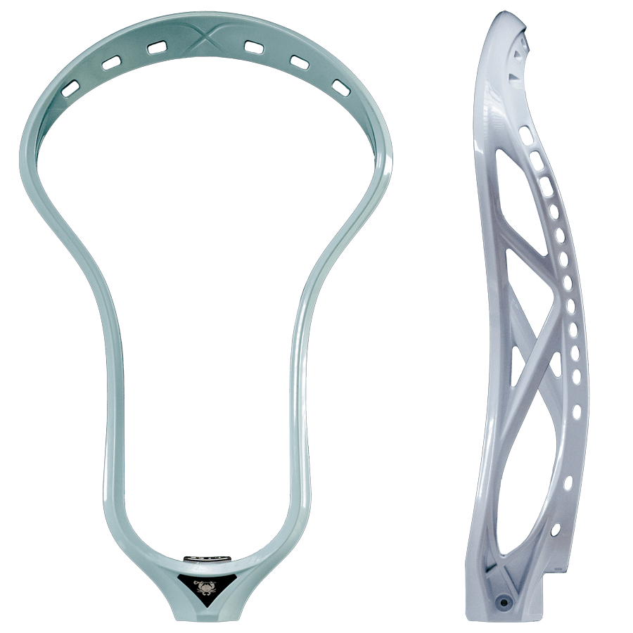 An image presents the ECD Weapon X 2.0 Lacrosse Head by East Coast Dyes in two perspectives. On the left, the front view is shown in a light mint green color, and on the right, its white frame and angled design are highlighted, crafted with ECD FlexForm Plastic for enhanced performance.