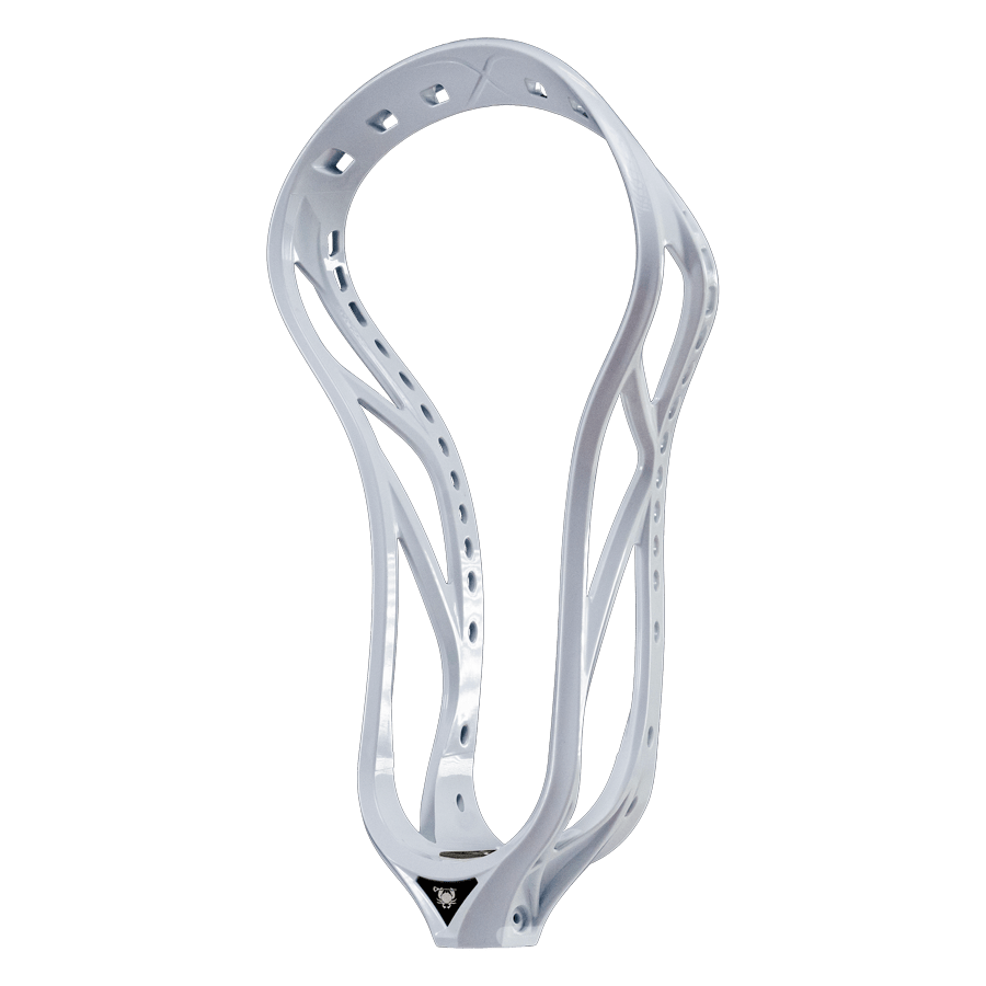 The image displays the ECD Weapon X 2.0 Lacrosse Head by East Coast Dyes, featuring its intricate white design made with FlexForm Plastic, characterized by numerous holes and cutouts. Set against a plain background, it accentuates the streamlined and symmetrical shape of this lacrosse head.