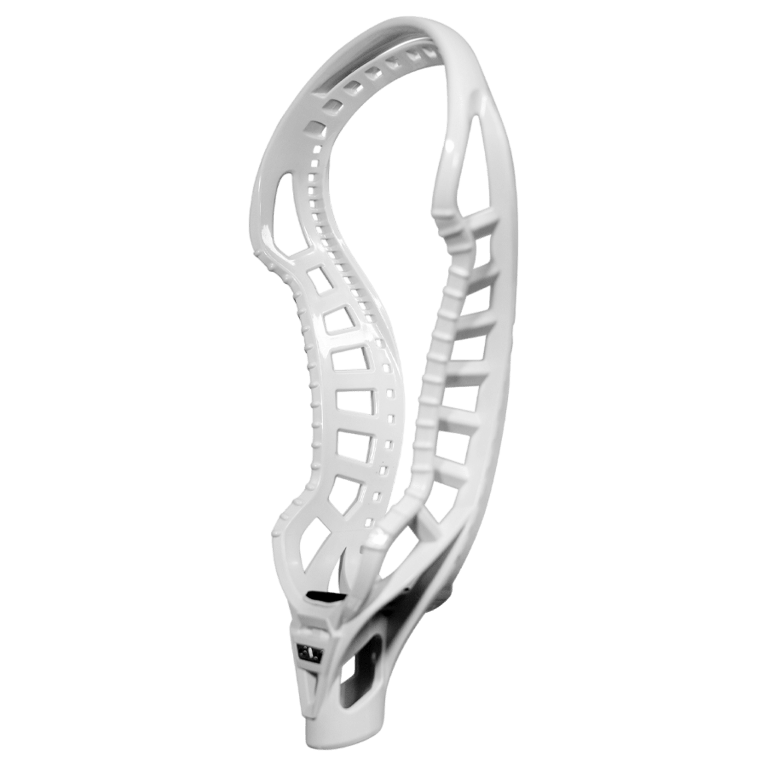 Close-up of a Gait GAIT D2 C lacrosse head with a netted pocket, displayed against a white background with a diagonal blue stripe. The stick has white strings tied to the mesh netting, and features Ball Dislodgment Technology for improved performance.