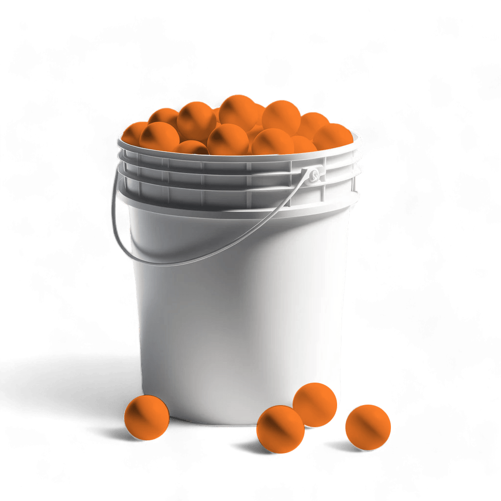 A Lax.com Bucket of 36 NOCSAE Balls is overflowing with white lacrosse balls, with a few scattered around the base. The bucket, branded by Lax.com and featuring a handle, is set against a green, slightly textured background, making it ideal for your NOCSAE/SEI approved equipment needs.