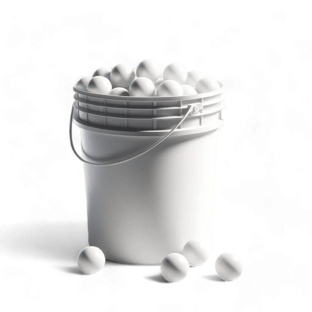 A Lax.com Bucket of 36 NOCSAE Balls is overflowing with white lacrosse balls, with a few scattered around the base. The bucket, branded by Lax.com and featuring a handle, is set against a green, slightly textured background, making it ideal for your NOCSAE/SEI approved equipment needs.