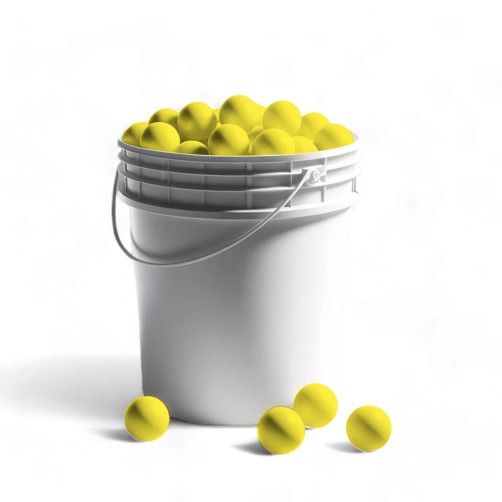 A Lax.com Bucket of 36 NOCSAE Balls is overflowing with white lacrosse balls, with a few scattered around the base. The bucket, branded by Lax.com and featuring a handle, is set against a green, slightly textured background, making it ideal for your NOCSAE/SEI approved equipment needs.