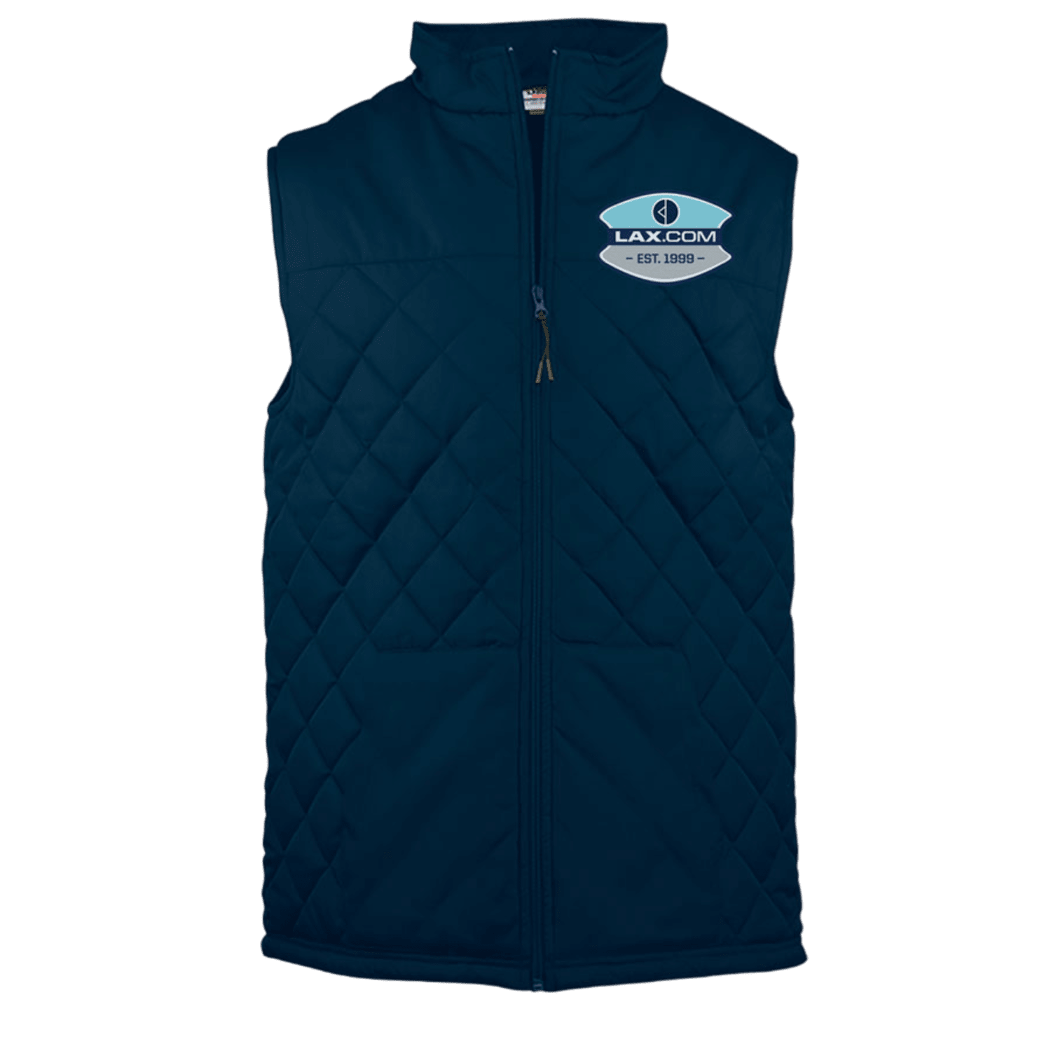 The Lax.com Quilted Vest is a dark blue vest crafted from padded polyester to ensure wind and water resistance. It features a zip closure, high collar, and displays the "LAX.COM" logo along with "EST. 1998" in white on the chest.