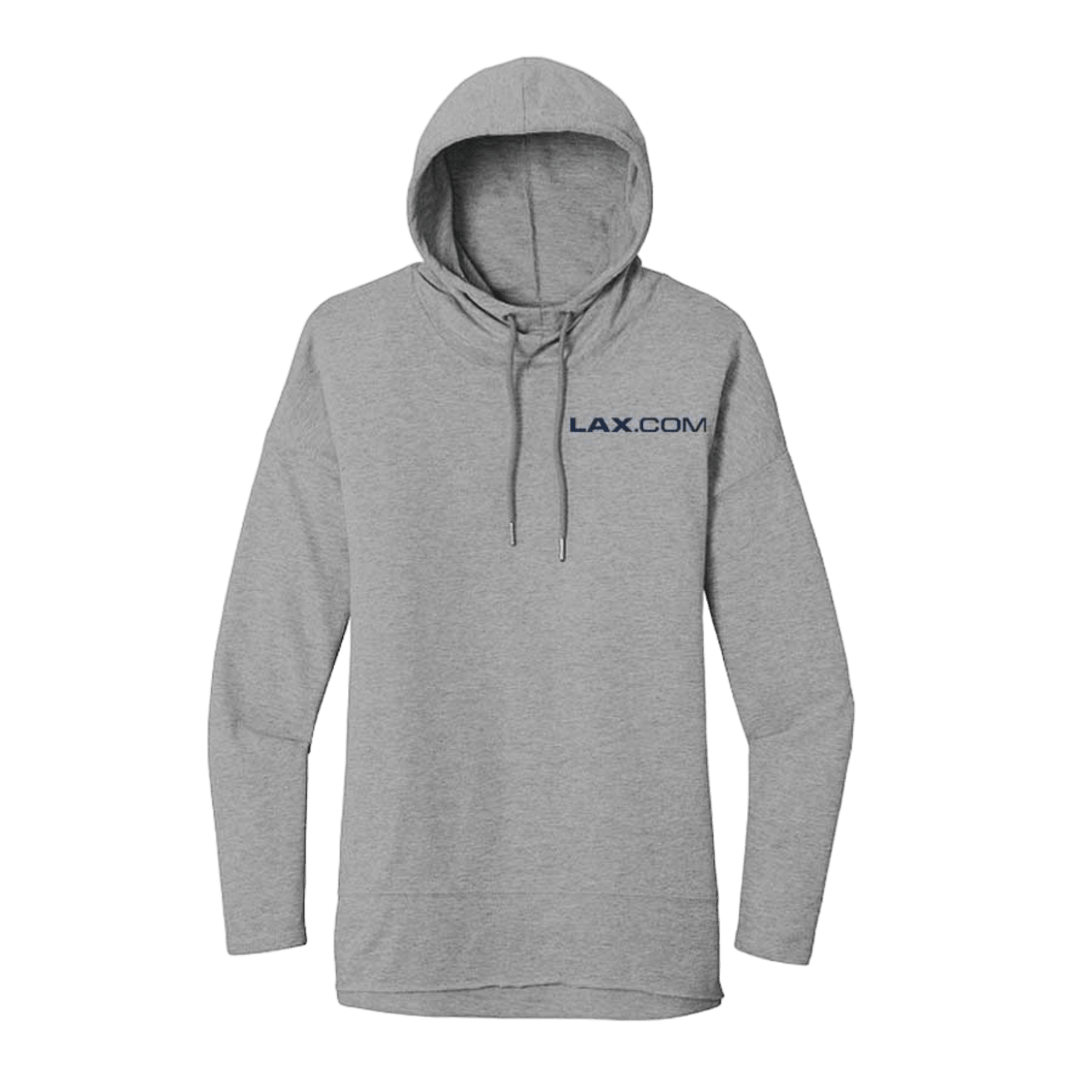 The DT671 from Lax.com is a gray hooded sweatshirt featuring "LAX.COM" printed in blue on the upper left chest. This super soft, lightweight hoodie combines casual comfort and style with its drawstring and long sleeves set against a plain green background.