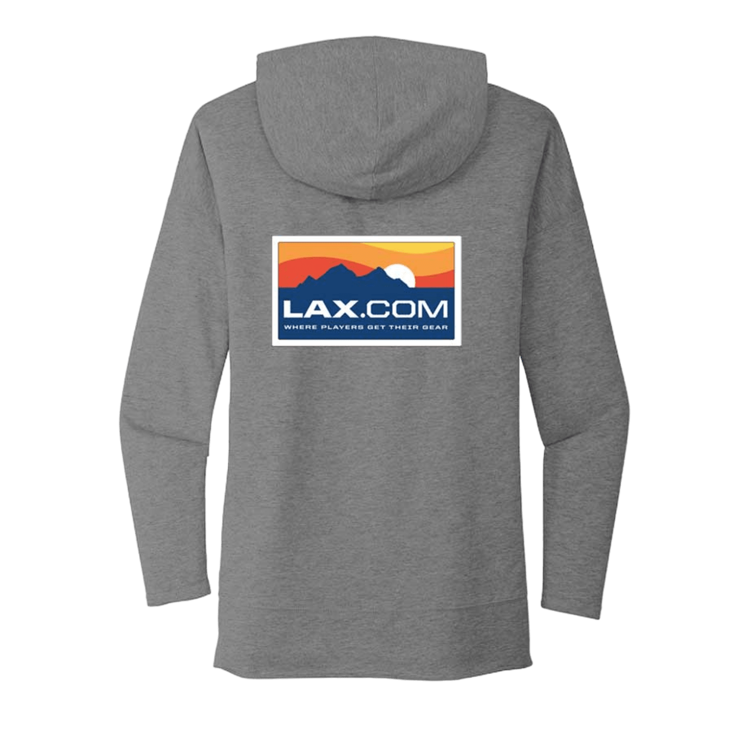 The Lax.com Women's French Terry Hoodie is a gray lightweight piece featuring a square logo on the back, which showcases a colorful mountain silhouette and the website name "LAX.COM" in white. Beneath it, the slogan "WHERE PLAYERS GET THEIR GEAR" adds a touch of vintage-inspired style to its casual comfort.