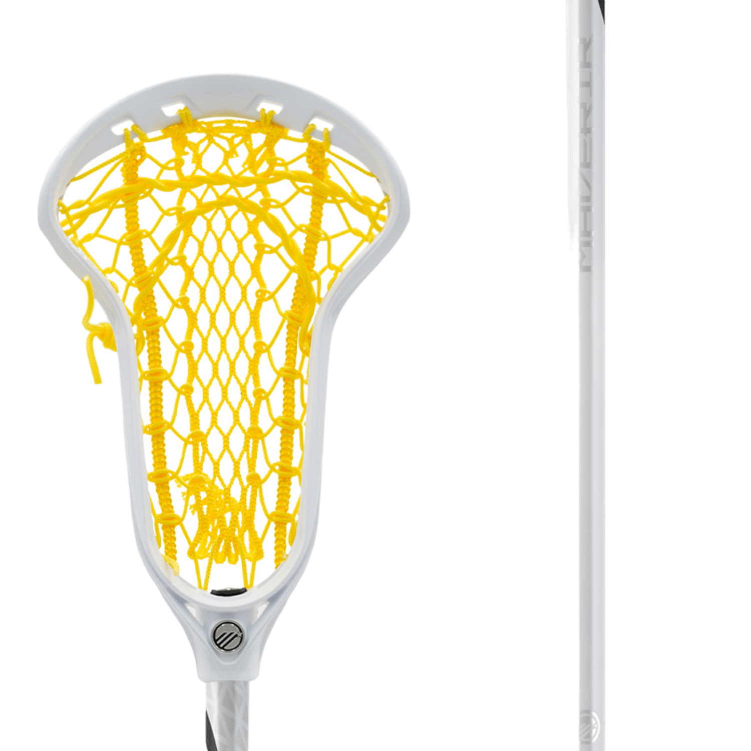 Image of a women's lacrosse stick featuring a black head with yellow mesh netting and a black shaft. The intricately woven mesh, designed for catching and throwing the ball, complements the 22-degree release angle. The brand name "Maverik" is visible on the shaft, indicating it is the "Maverik Ascent + Complete Stick.