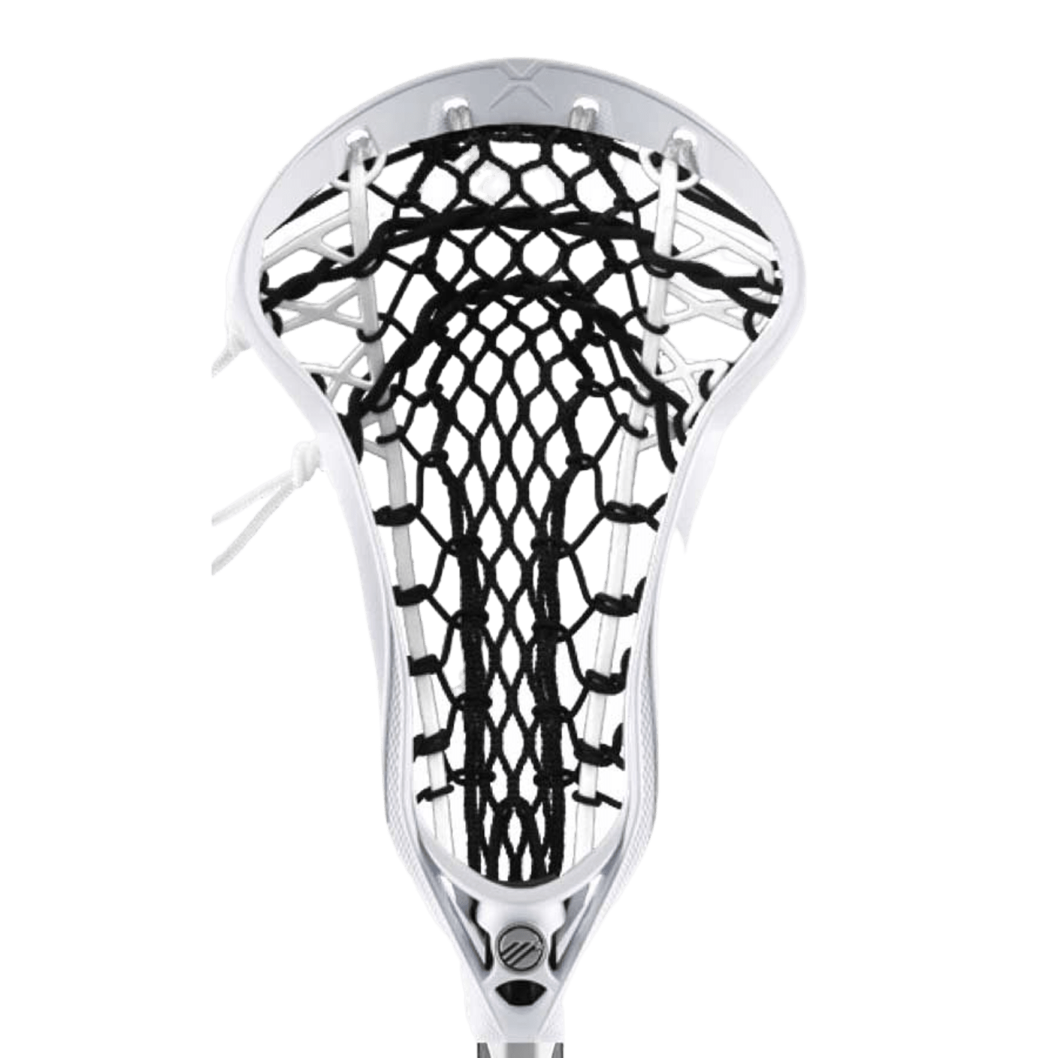 A Maverik Axiom Head Strung with Vertex Mesh women's lacrosse head with an intricately woven net sits against a green background. The traditional teardrop-shaped head and thick black strings form a honeycomb-like pattern, offering high hold for increased ball control.