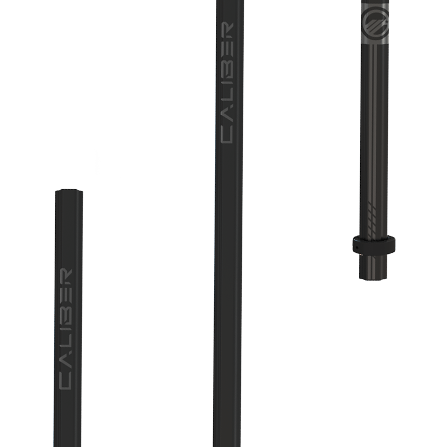 Against a white background, three black Maverik Caliber 2026 lacrosse shafts stand prominently, each labeled "CALIBER." These shafts feature varying lengths and exhibit a sleek, modern design, meticulously crafted from a premium Scandium-Titanium alloy to enhance performance.