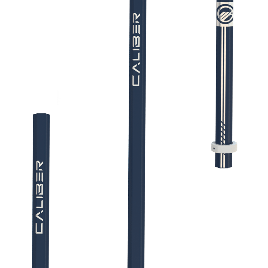 The Maverik Caliber 2026 Lacrosse Shafts consist of three sturdy steel poles, each with a blue and black finish. They differ in length and diameter, with two having a plain design, while the third includes a distinctive band design with an attached bracket near one end. Made from durable Scandium-Titanium Alloy, these shafts ensure exceptional durability and performance.