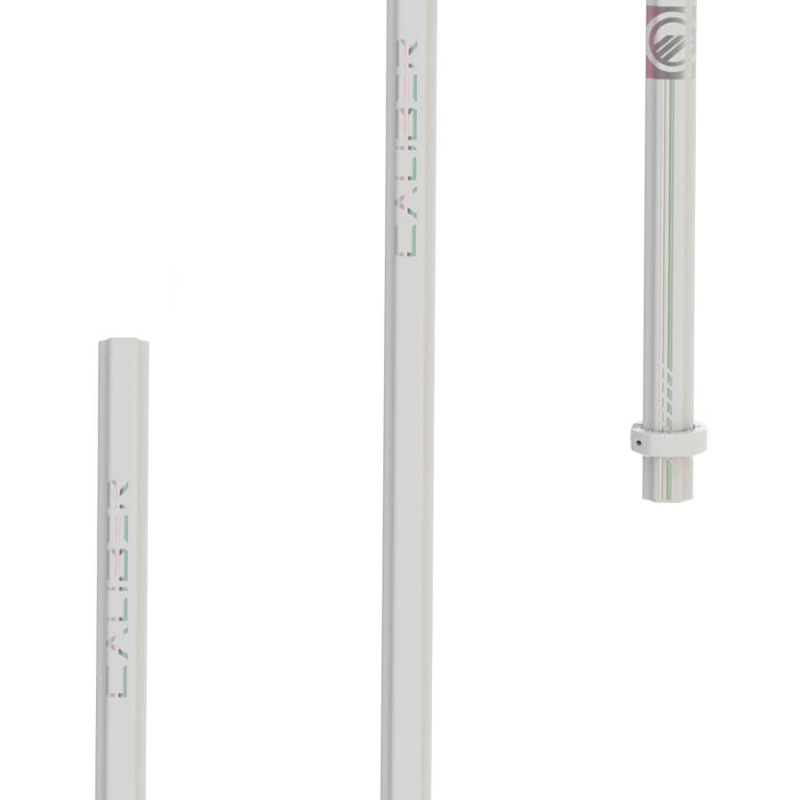 Against a white backdrop, three metal poles of different lengths stand upright, made from a sturdy scandium-titanium alloy. Each pole features "CALIBER" printed on it, highlighting their strength and durability. At the top of the tallest pole is the Maverik Caliber 2026 Defense Lacrosse Shaft logo.