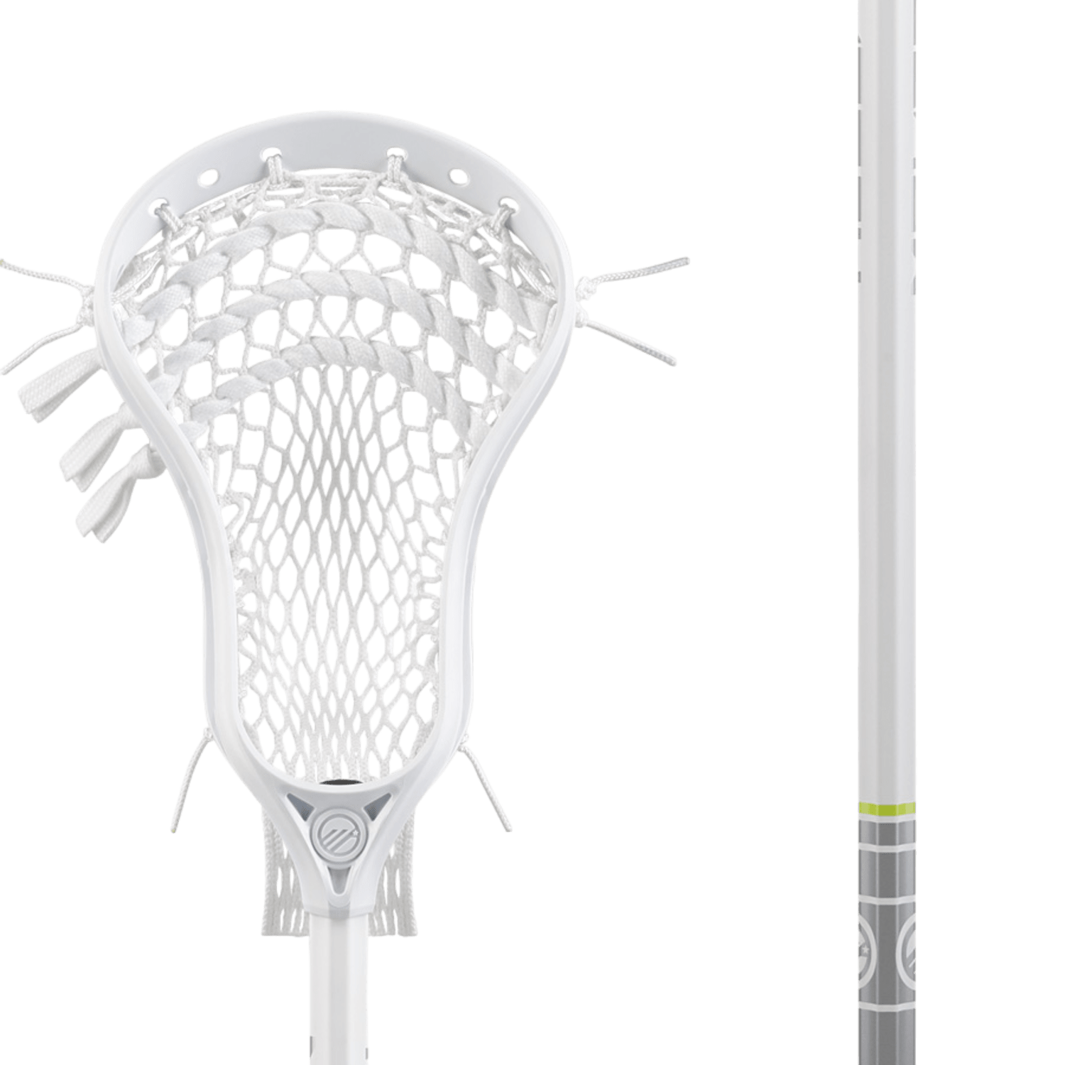 A black Maverik Critik Alloy Complete Stick features a 7000 series alloy shaft with "MAVERIK" in white letters. The white netted head is intricately woven for catching and throwing, while the yellow and black grip near the end enhances control, making it ideal for U10 players.