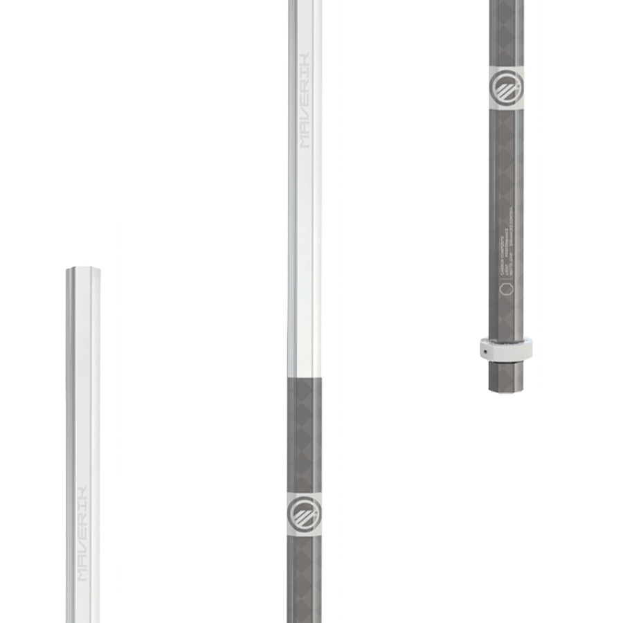 Image showcasing three views of the Maverik Hyperlite 2026 Lacrosse Shaft, featuring a lightweight design with a textured gray surface, white sections, and the Maverik logo near the top. It provides maximum durability and boasts a unique geometric pattern.