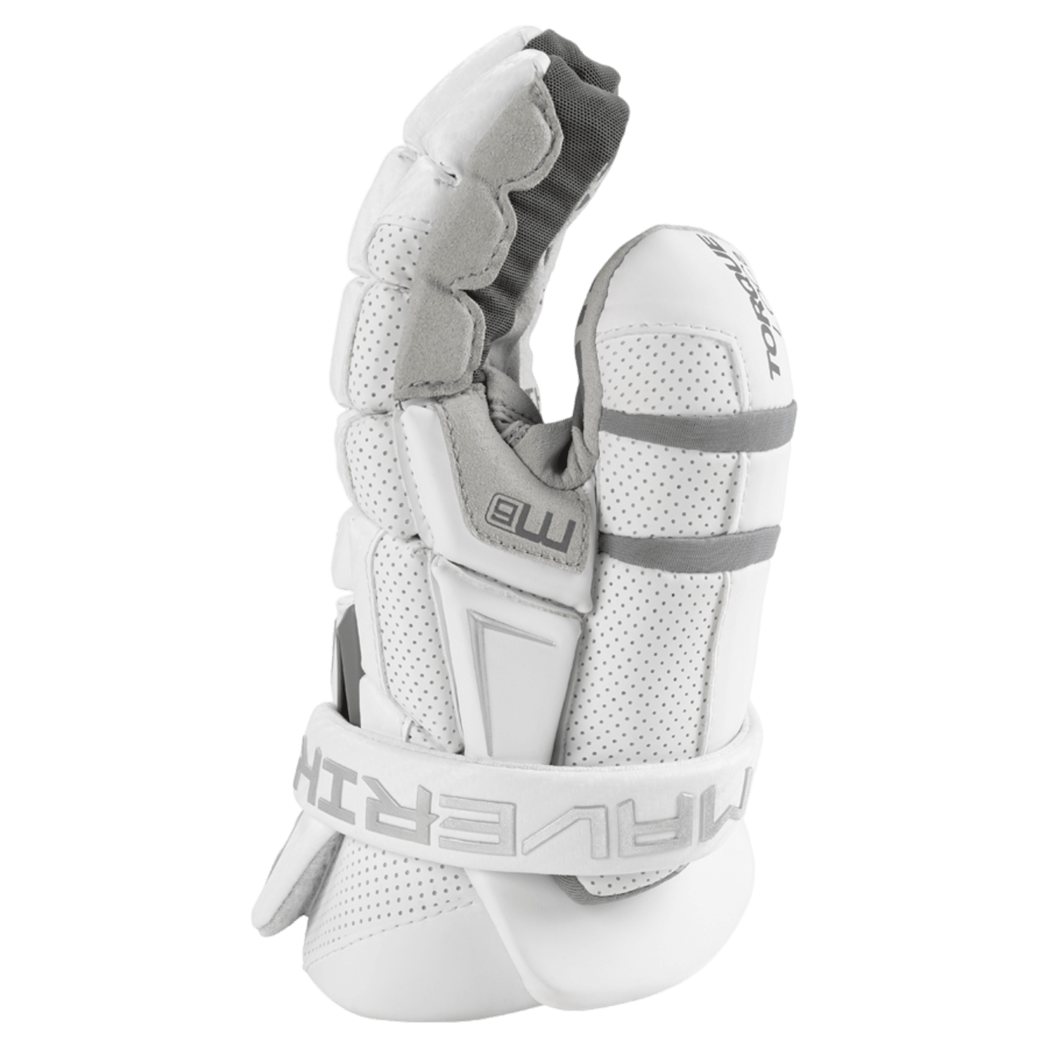 A pair of white Maverik M6 Goalie Gloves with gray accents is shown. The gloves feature padded protection on the fingers, a reinforced thumb area, and CONNEKT PALM for superior grip. The cuff is white with the brand name "Maverik" in gray. With a QUICKDRY LINER, these gloves appear durable and designed for high-performance use.