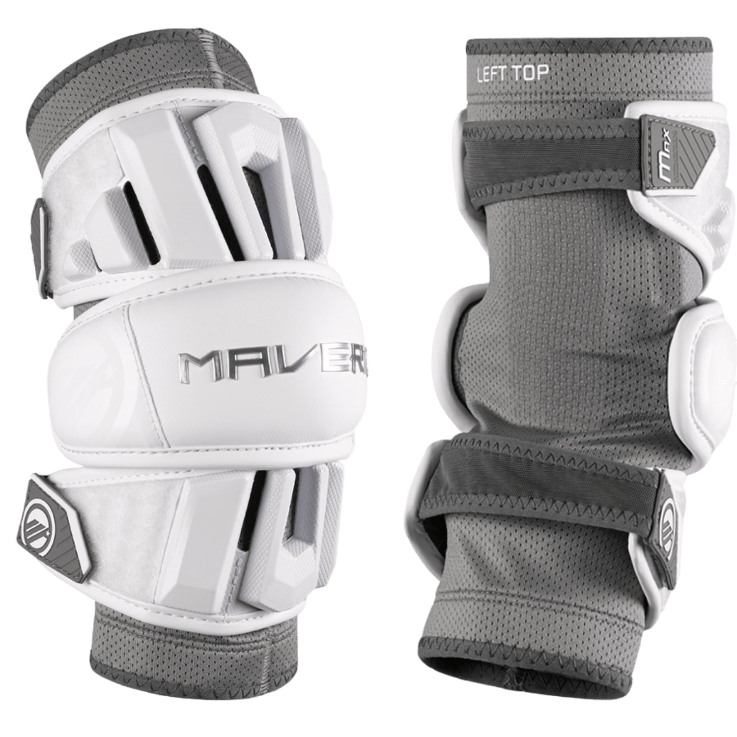 The image shows a pair of Maverik Max Arm Pad 2025 by Maverik. The arm pads have adjustable straps with buckles and are designed for added support and solid protection. One arm pad is displayed open, while the other is shown closed, showcasing their unrestricted mobility.