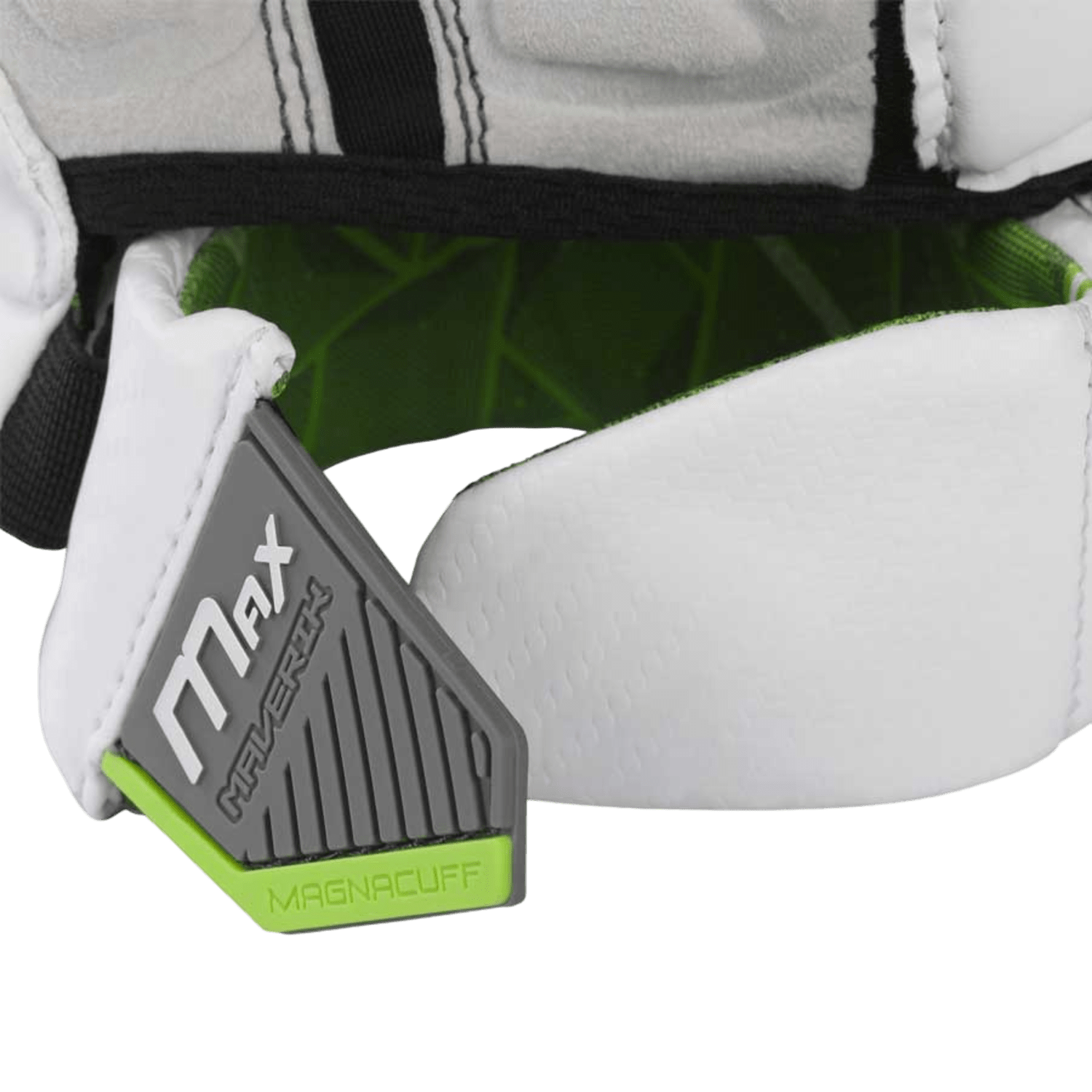 A black and gray Maverik Max Goalie Glove stands upright on a green background. Featuring thick padding with white accents, including "MX" text on the thumb and "MAVERIK" on the wrist strap, this glove appears new and unworn. The design integrates TorqueLoc 2 technology for enhanced performance.