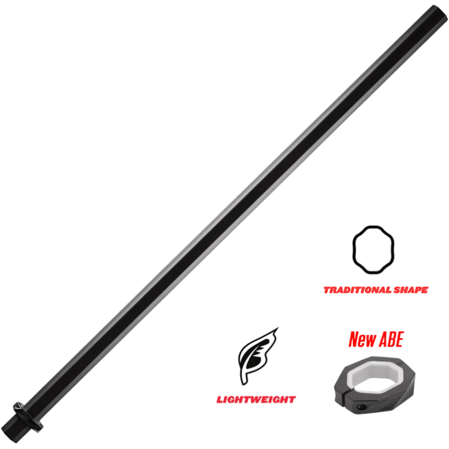 The Maverik Mission Blank Lacrosse Shaft, a sleek black cylinder positioned diagonally, features a small attached part and displays a hexagonal design element. Adjacent text emphasizes its "lightweight" nature, "traditional shape," and "new ABE," all engineered from scandium titanium to create the ideal lacrosse shaft.