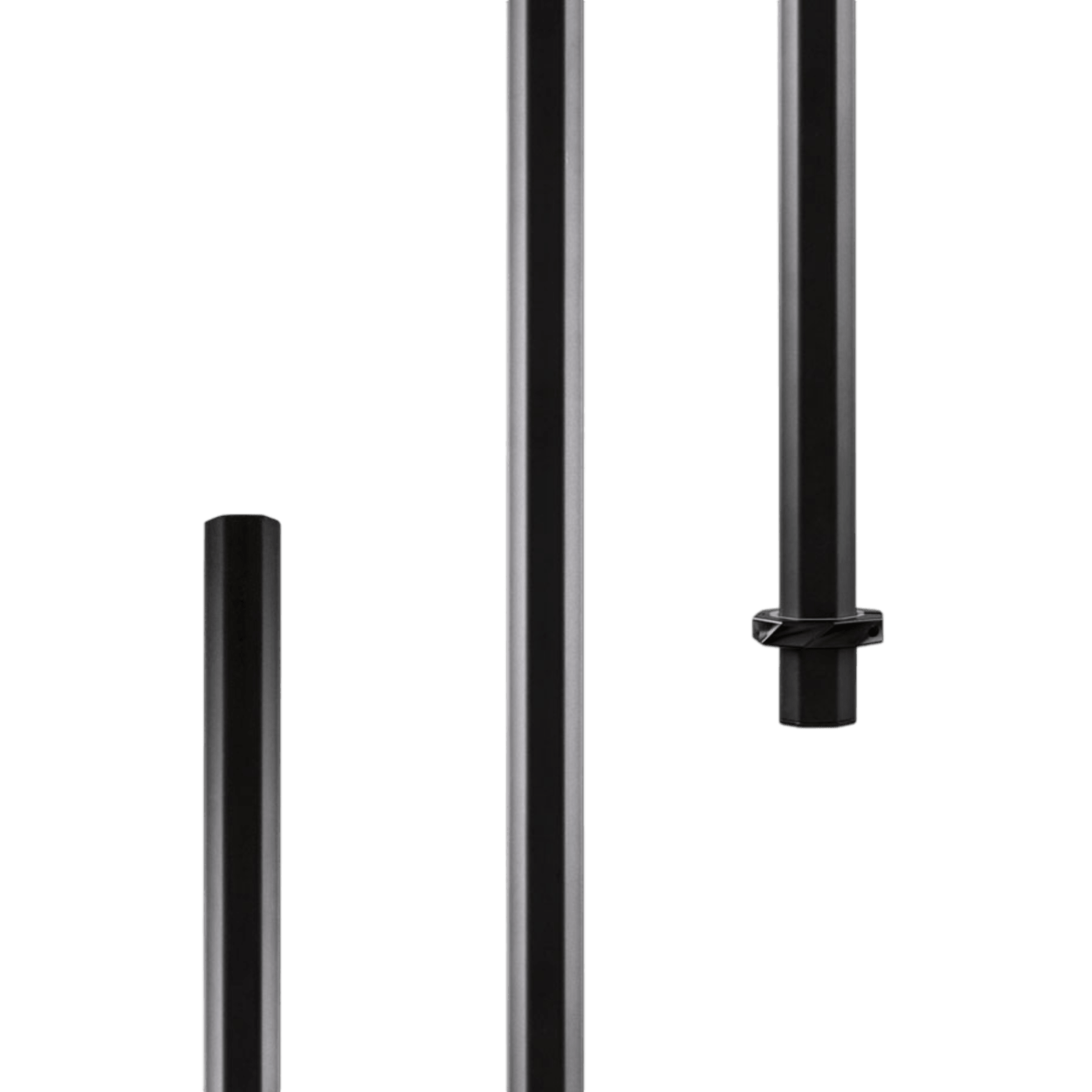 Displayed against a transparent or plain background are three black vertical poles of varying heights, each crafted with scandium titanium. These poles differ in width and design, suggesting that they might be part of the Maverik Mission Blank Lacrosse Shaft from the brand Maverik.