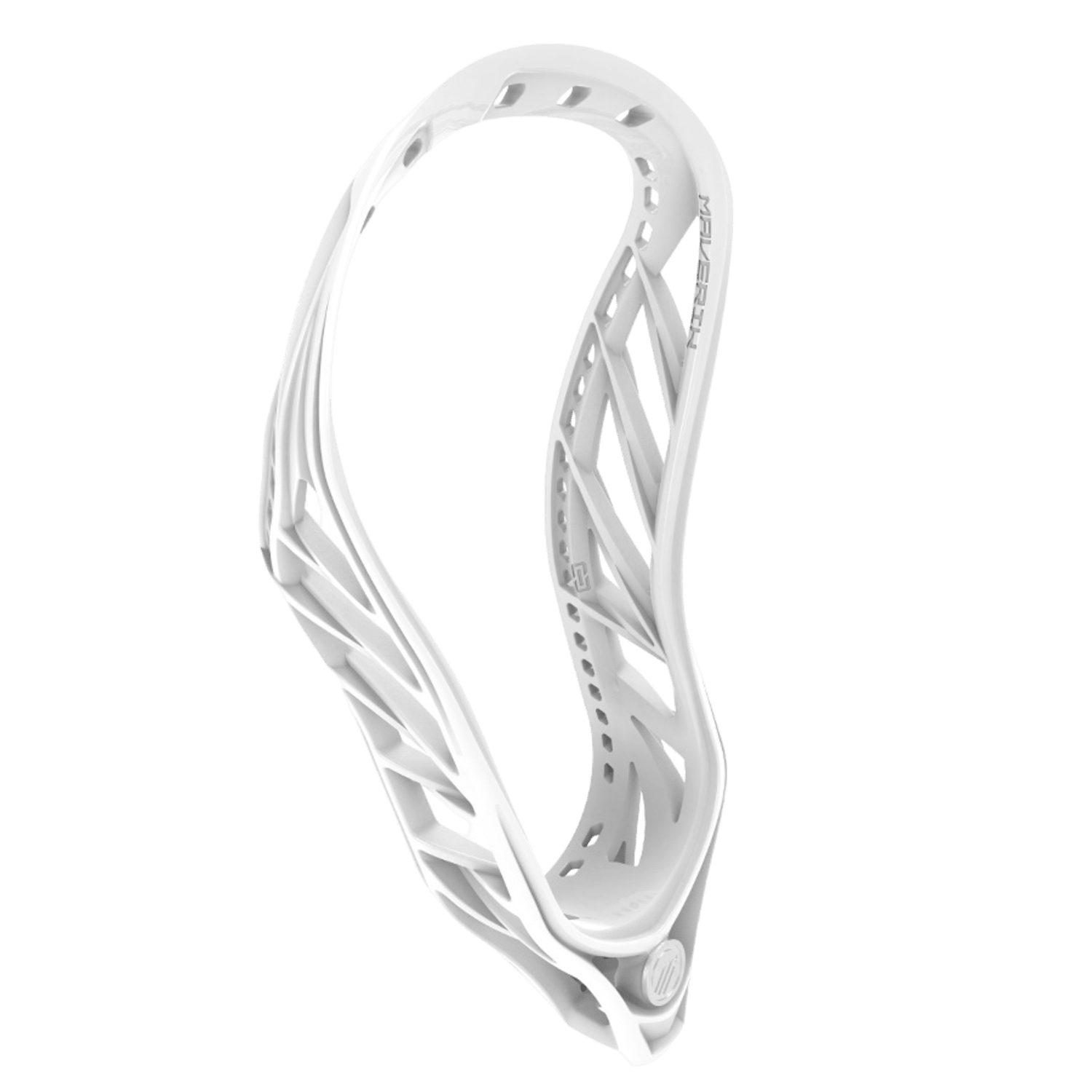 The image highlights a Maverik Tank 2 Lacrosse Head from Maverik, boasting a modern design. It features intricate geometric cutouts and a subtly curved shape, enhanced by X-Rail Technology, all set against a plain background.