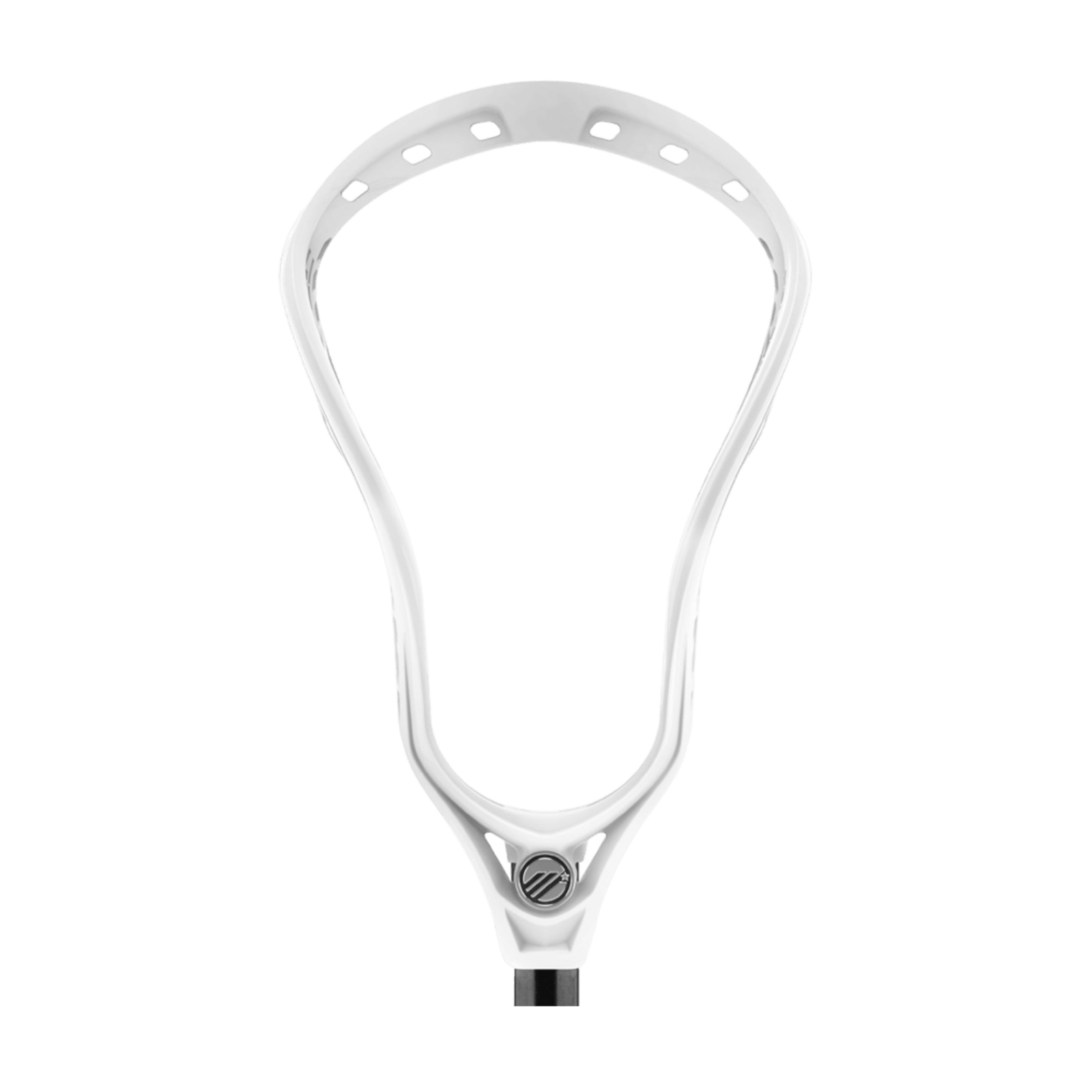 The Maverik Tank 2 lacrosse head is showcased against a simple backdrop, highlighting its sleek and modern design. It features open strings for excellent ball control and multiple sidewall string holes to allow for easy customization.