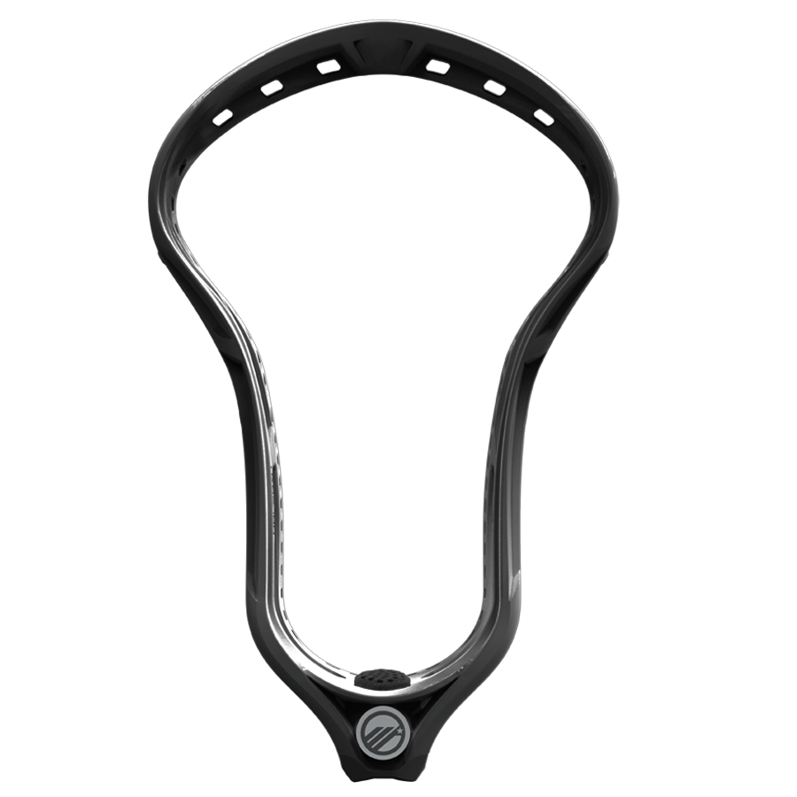 The Maverik Optik Force, a black lacrosse head by Maverik, is displayed against a white background. It showcases a sleek design with an open throat and sidewall structure for optimal performance.