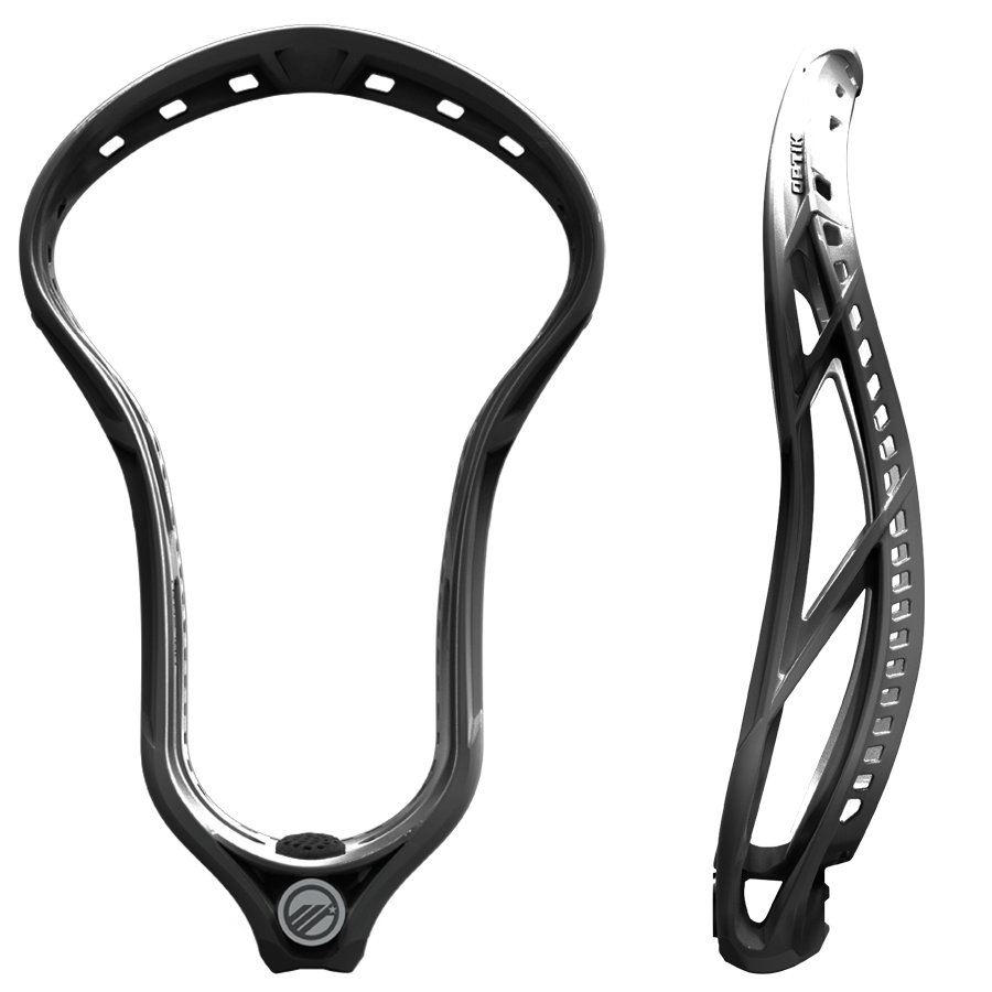 Black and white image of the Maverik Optik Force lacrosse head showcases its vented, aerodynamic design. The left view presents the front, while the right view reveals the side profile, emphasizing its contours and perforations.